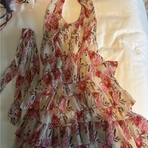 Floral Ruffle Halter Mini Dress - Pink Floral dusty rose